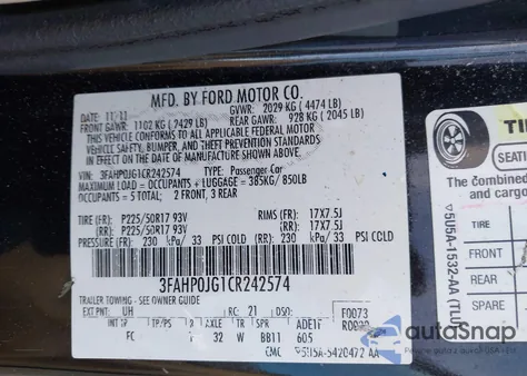 2012 Ford Fusion Sel из США, поврежденный, VIN 3FAHP0JG1CR242574